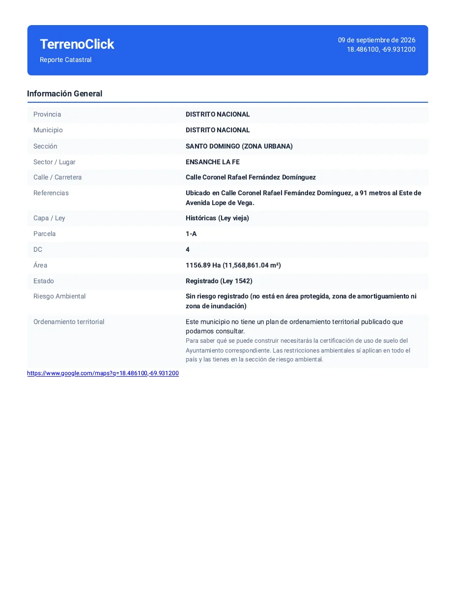 Página de ejemplo de un reporte catastral PDF generado por TerrenoClick